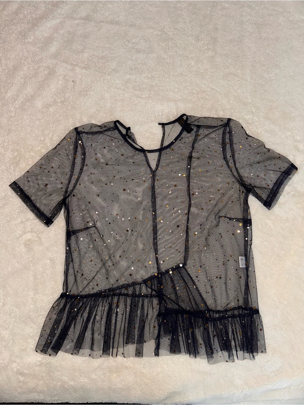 Black Sheer Star-Embellished Ruffle Hem Blouse